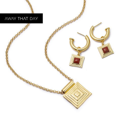 Strata Red Jasper Earrings & Necklace 18ct Gold Plate