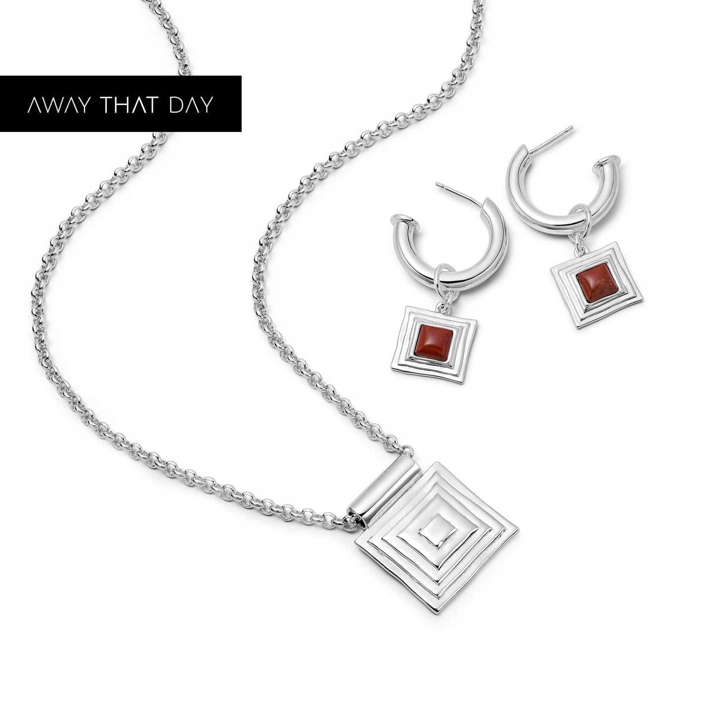 Strata Red Jasper Earrings & Necklace Set Silver Plate