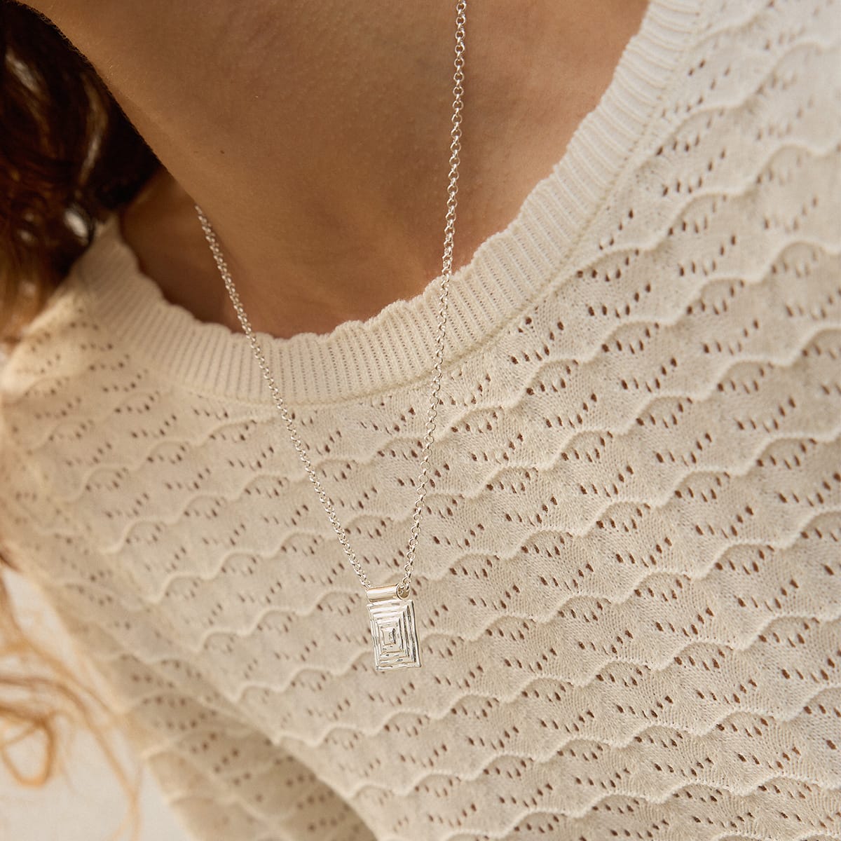 Strata Square Pendant Necklace Silver Plate