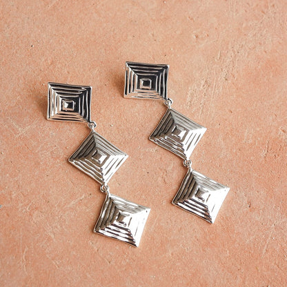 Strata Triple Drop Earrings & Necklace Set Silver Plate