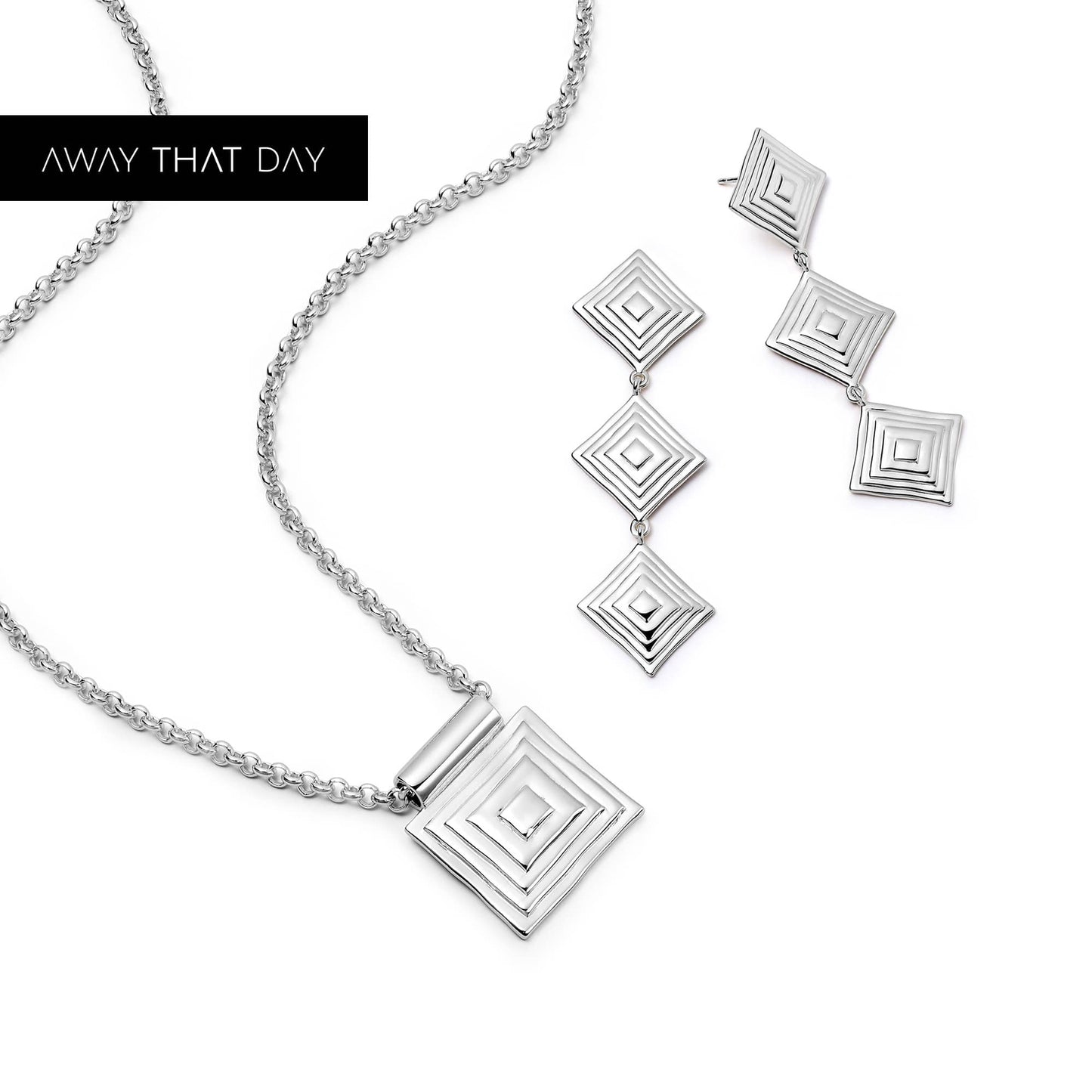 Strata Triple Drop Earrings & Necklace Set Silver Plate