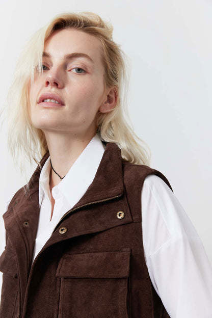 Long Vegan Suede Cargo Vest
