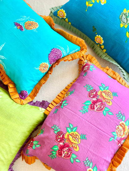 Pink and yellow floral ruffle pillow cover 14 inch with assorted color