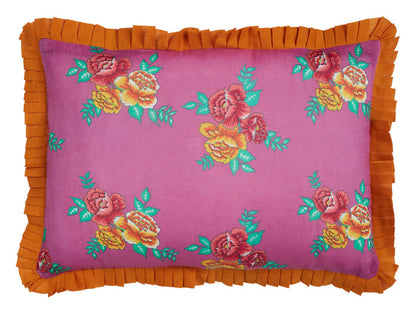 Pink and yellow floral ruffle pillow cover 14 inch detail