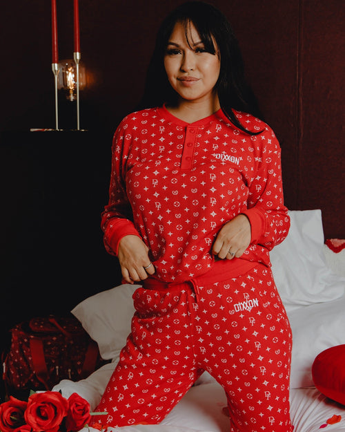 Women's Waffle Knit Joggers - Red & White Bougie