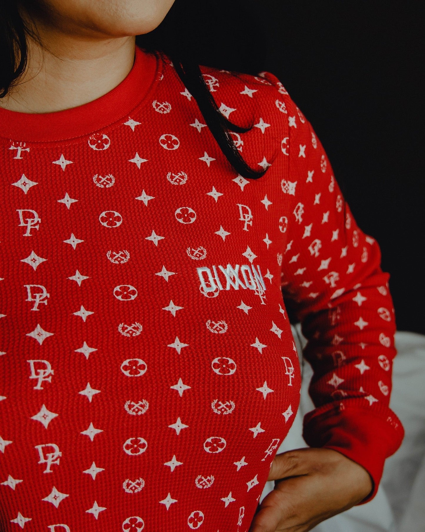 Women's Waffle Knit Long Sleeve Tee - Red & White Bougie