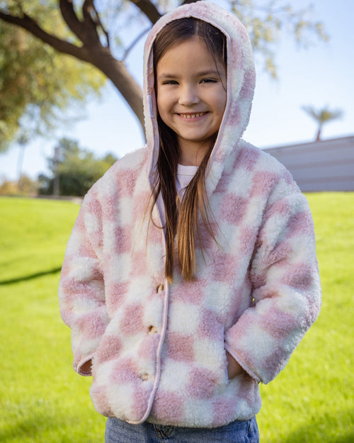 Youth Checkered Sherpa Cardigan - Pink & Cream