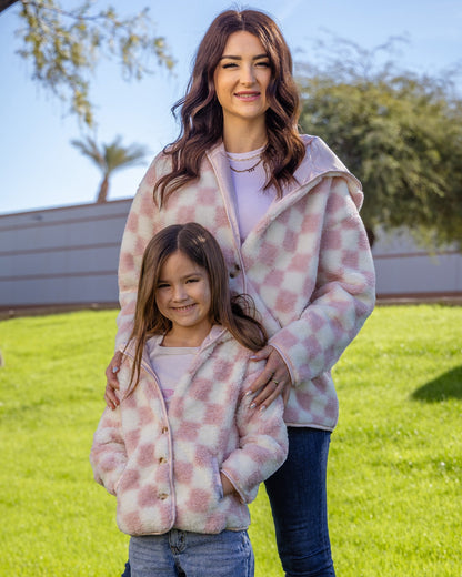 Youth Checkered Sherpa Cardigan - Pink & Cream