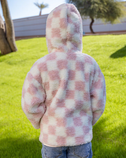 Youth Checkered Sherpa Cardigan - Pink & Cream