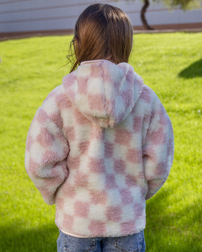Youth Checkered Sherpa Cardigan - Pink & Cream